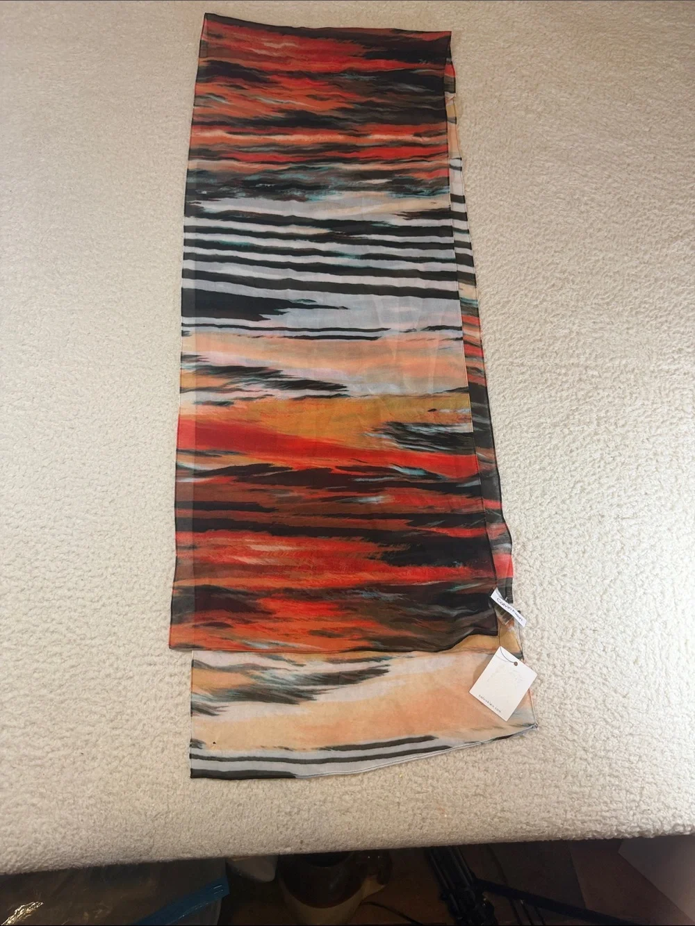Calvin Klein Orange Red Black Striped Abstract Silk Scarf 354